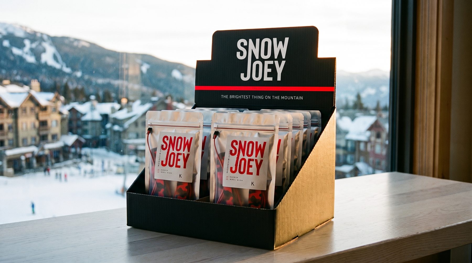 The counter unit in front of a window onto a snowy village