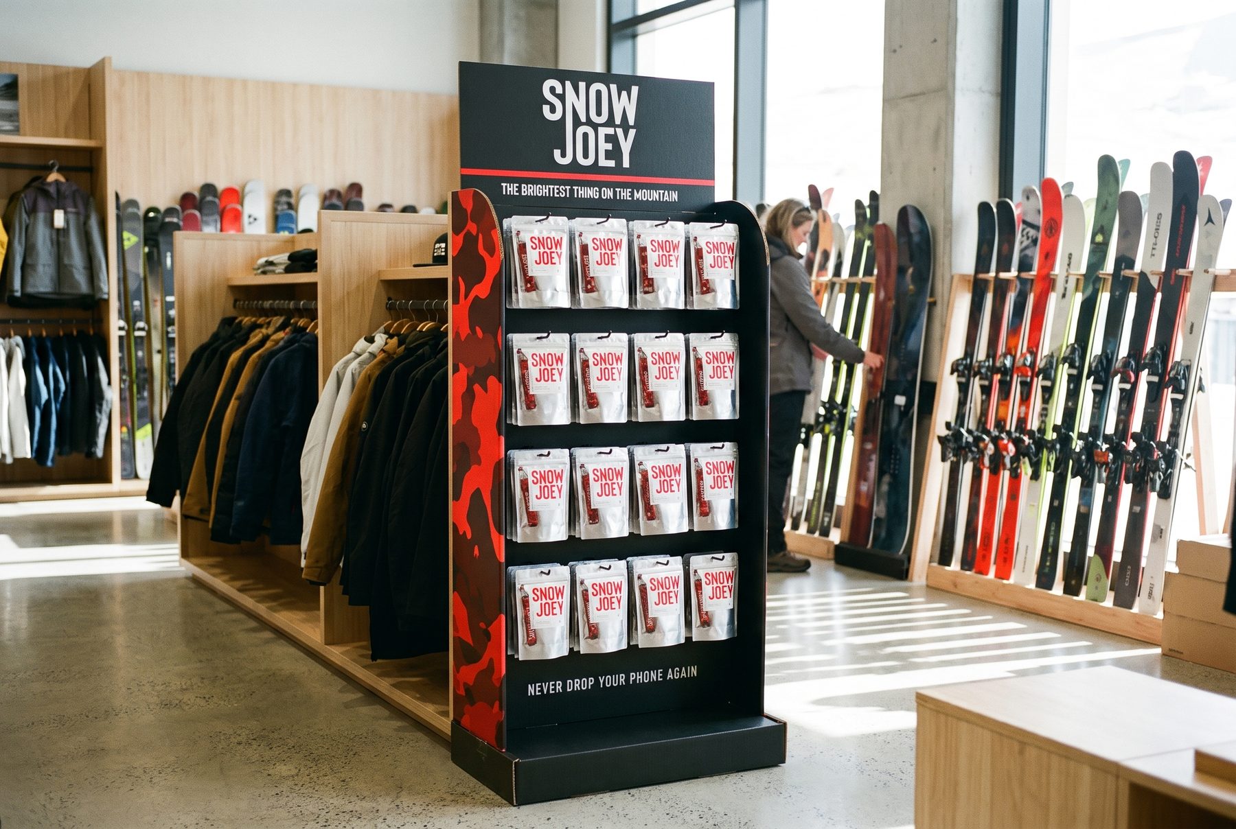 A Snow Joey floor stand at the end of an aisle in a ski store